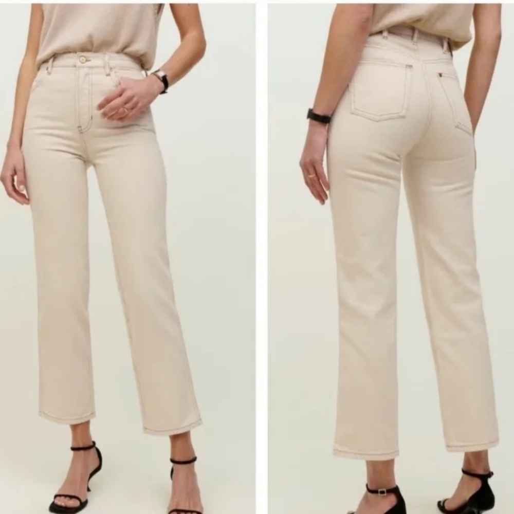 REFORMATION Cowboy High Rise Straight Leg Jeans Contrast Stitching Almond, 23